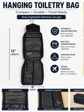 Bag & Carry Hanging Toiletry Bag Black Compact Travel Organizer 12x6 NWT